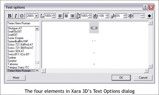 Xara 3D 5 Text Options dialog