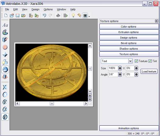 Xara 3D 6 interface - Astrolabe ©2005 Bill Sims