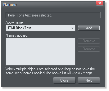 Names dialog used to assign HTMLBlockText option